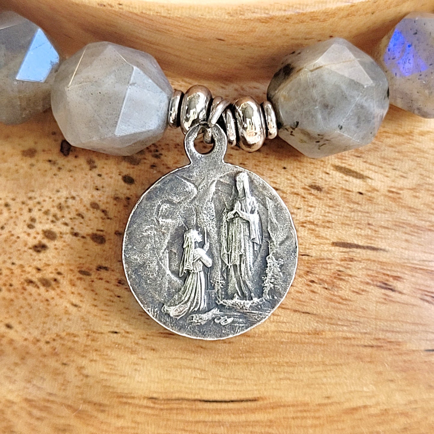 Labradorite Star Cut Faceted 8mm Beaded Bracelet w/ Vintage Art Deco Medal of Our Lady of Lourdes.