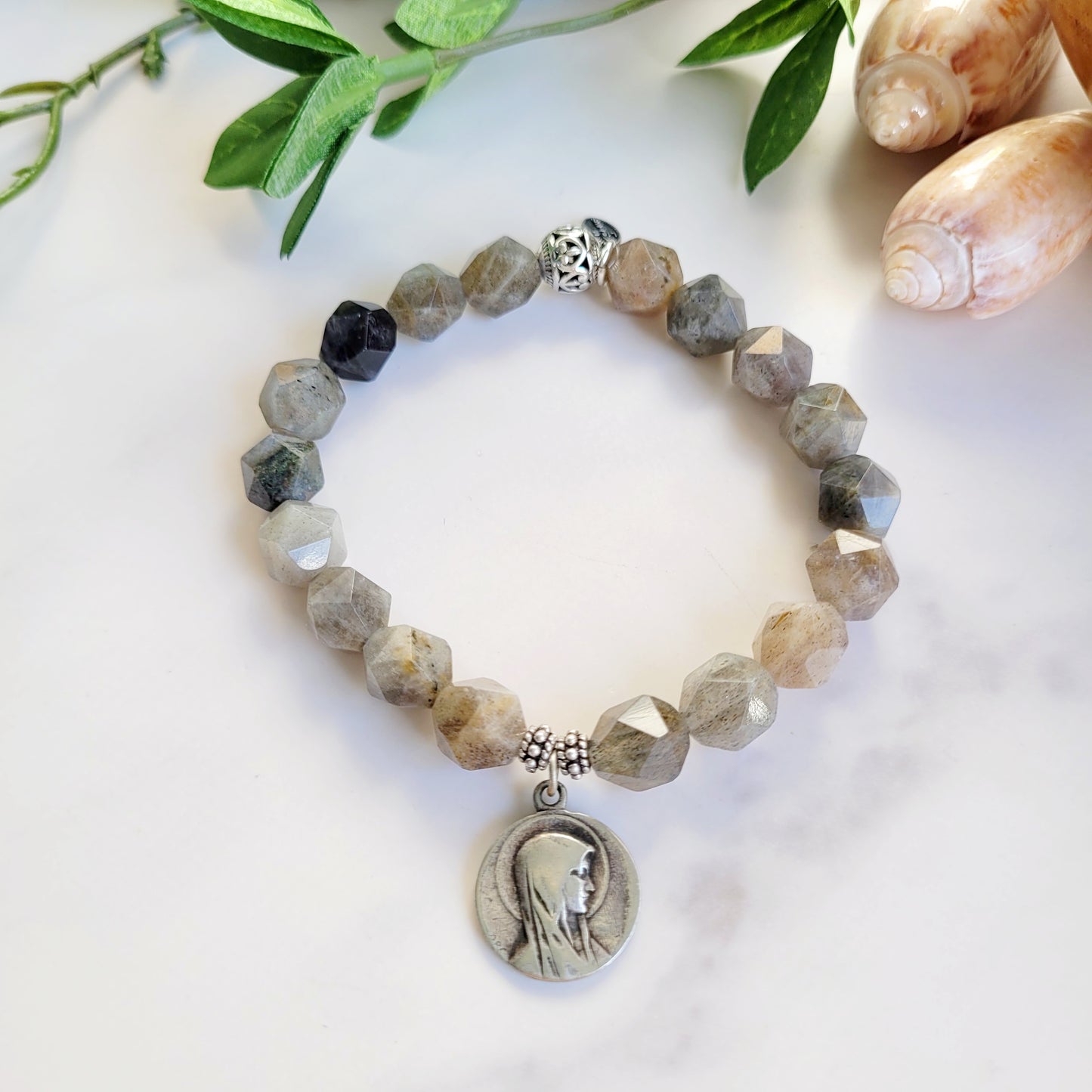 Labradorite Star Cut Faceted 8mm Beaded Bracelet w/ Silver Plated Vintage Medal of Our Lady of Lourdes from France