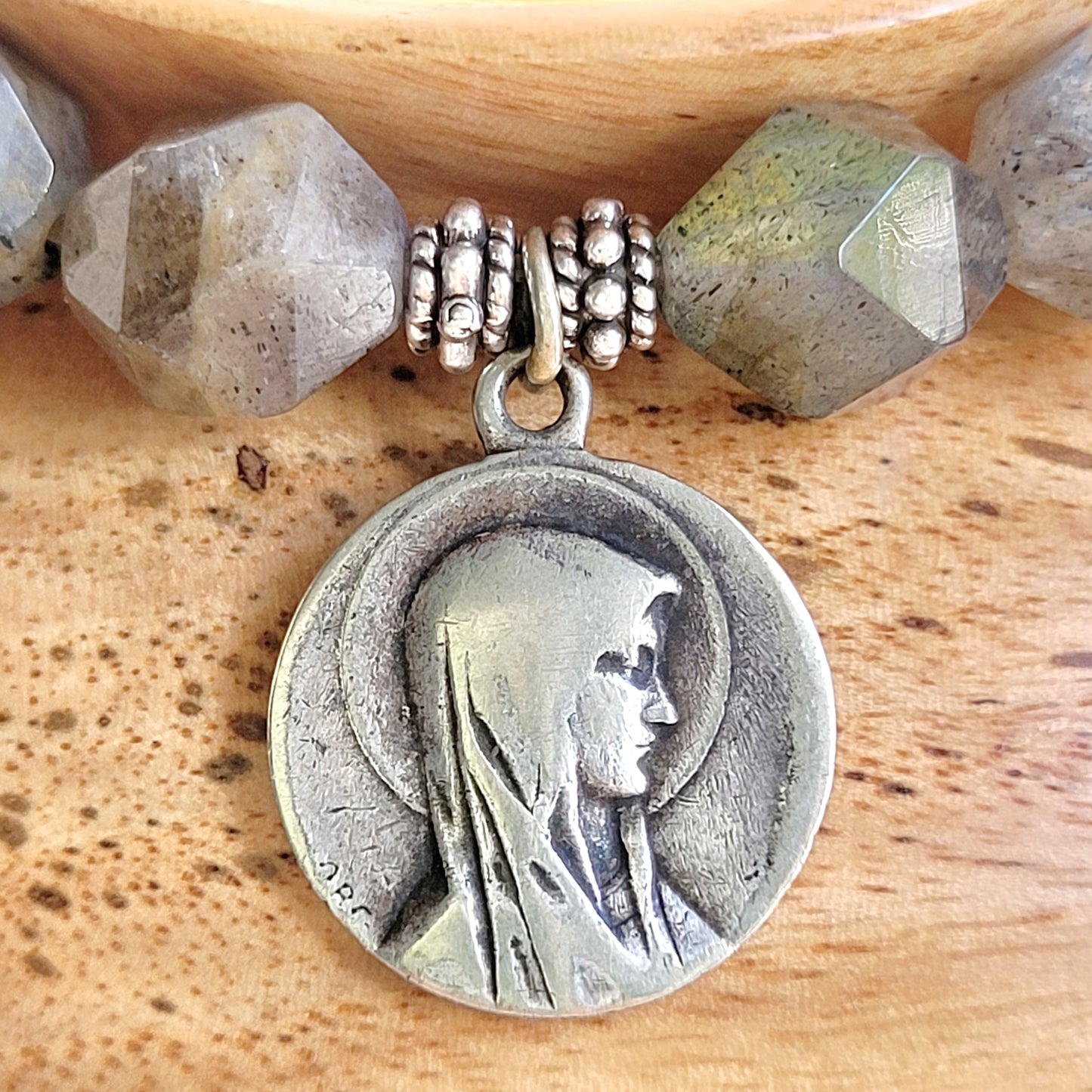 Labradorite Star Cut Faceted 8mm Beaded Bracelet w/ Silver Plated Vintage Medal of Our Lady of Lourdes from France