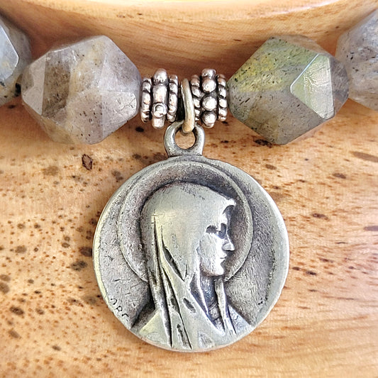 Labradorite Star Cut Faceted 8mm Beaded Bracelet w/ Silver Plated Vintage Medal of Our Lady of Lourdes from France