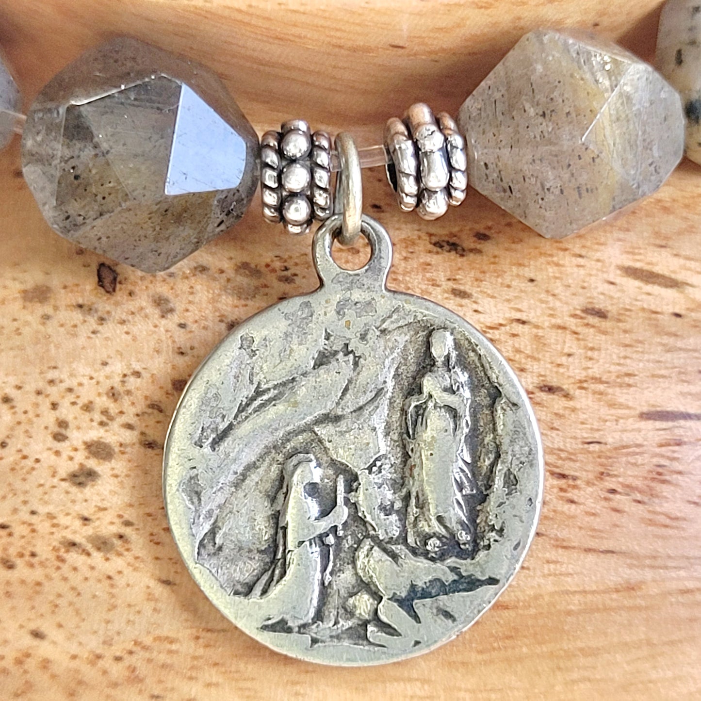 Labradorite Star Cut Faceted 8mm Beaded Bracelet w/ Silver Plated Vintage Medal of Our Lady of Lourdes from France