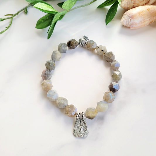 Labradorite Star Cut Faceted 8mm Beaded Bracelet w/ Art Deco Silver Plated Medal of Our Lady of Mount Carmel / Sacred Heart of Jesus