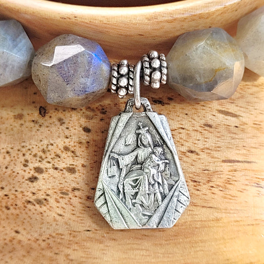 Labradorite Star Cut Faceted 8mm Beaded Bracelet w/ Art Deco Silver Plated Medal of Our Lady of Mount Carmel / Sacred Heart of Jesus