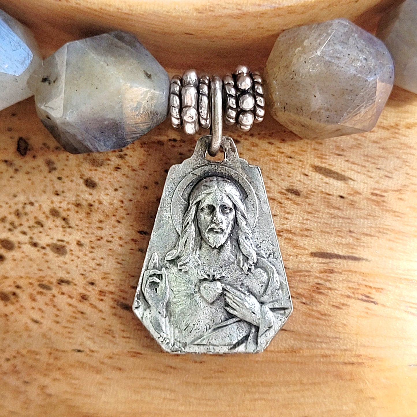 Labradorite Star Cut Faceted 8mm Beaded Bracelet w/ Art Deco Silver Plated Medal of Our Lady of Mount Carmel / Sacred Heart of Jesus