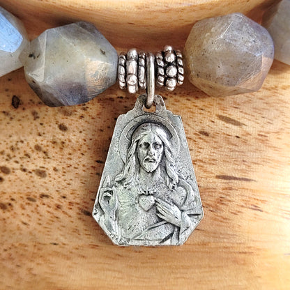 Labradorite Star Cut Faceted 8mm Beaded Bracelet w/ Art Deco Silver Plated Medal of Our Lady of Mount Carmel / Sacred Heart of Jesus