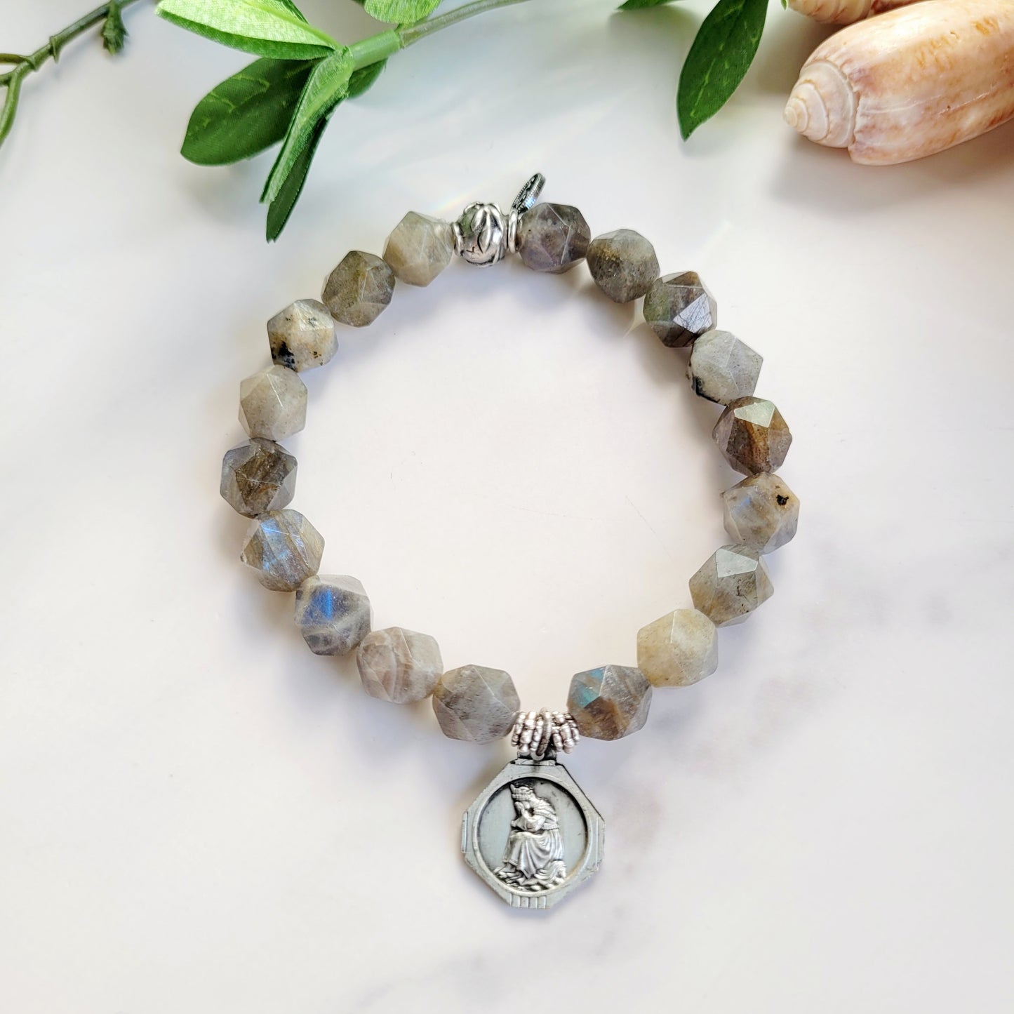 Labradorite Star Cut Faceted 8mm Beaded Bracelet w/ Silver Plated Medal of Our Lady of La Salette from France