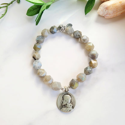 Labradorite Star Cut Faceted 8mm Beaded Bracelet w/ Silver Plated Signed Medal of Jesus from France