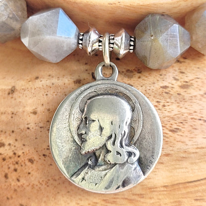 Labradorite Star Cut Faceted 8mm Beaded Bracelet w/ Silver Plated Signed Medal of Jesus from France