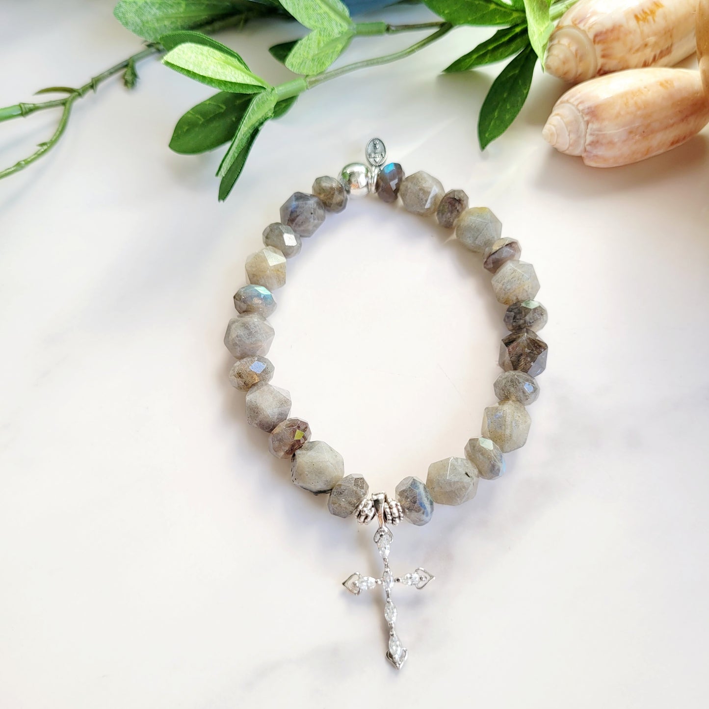 Labradorite Star Cut Faceted 8mm Beaded Bracelet w/ Sterling Silver Cross with Marquise CZ Stones