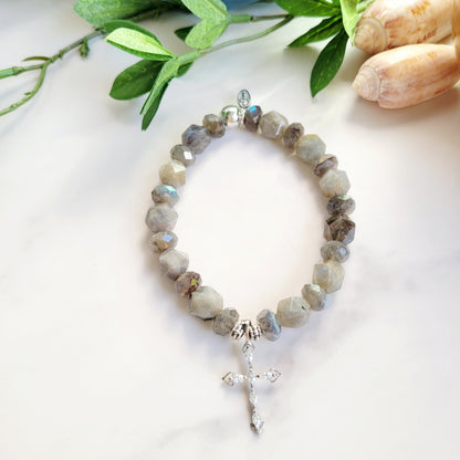 Labradorite Star Cut Faceted 8mm Beaded Bracelet w/ Sterling Silver Cross with Marquise CZ Stones