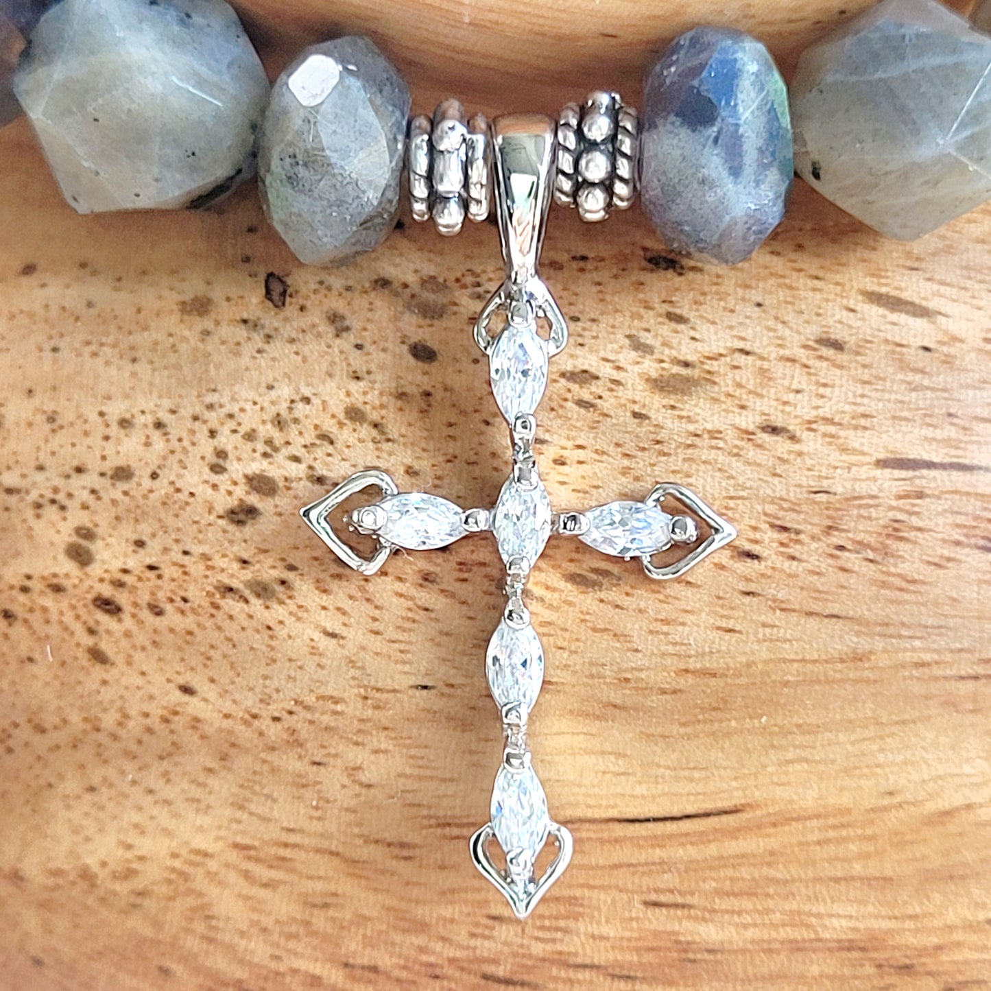 Labradorite Star Cut Faceted 8mm Beaded Bracelet w/ Sterling Silver Cross with Marquise CZ Stones