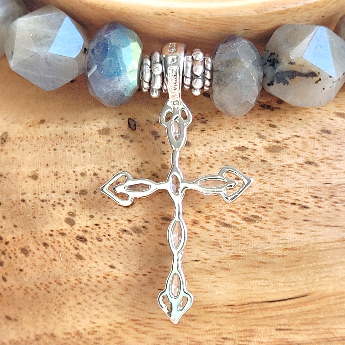 Labradorite Star Cut Faceted 8mm Beaded Bracelet w/ Sterling Silver Cross with Marquise CZ Stones