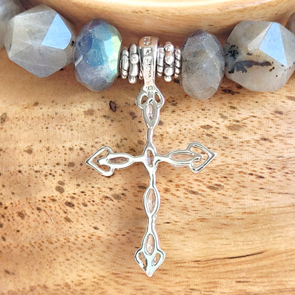 Labradorite Star Cut Faceted 8mm Beaded Bracelet w/ Sterling Silver Cross with Marquise CZ Stones