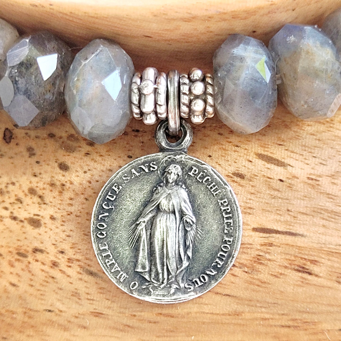Labradorite Star Cut Faceted 8mm Beaded Bracelet w/ Vintage Sterling Silver Miraculous Medal from France