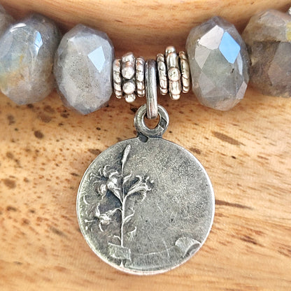 Labradorite Star Cut Faceted 8mm Beaded Bracelet w/ Vintage Sterling Silver Miraculous Medal from France