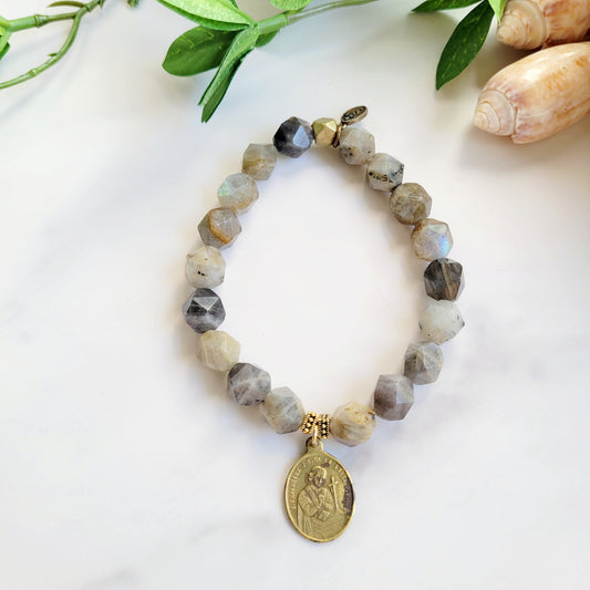 Labradorite Star Cut Faceted 8mm Beaded Bracelet w/ Vintage Bronze Medal of St. John Baptist de La Salle from France