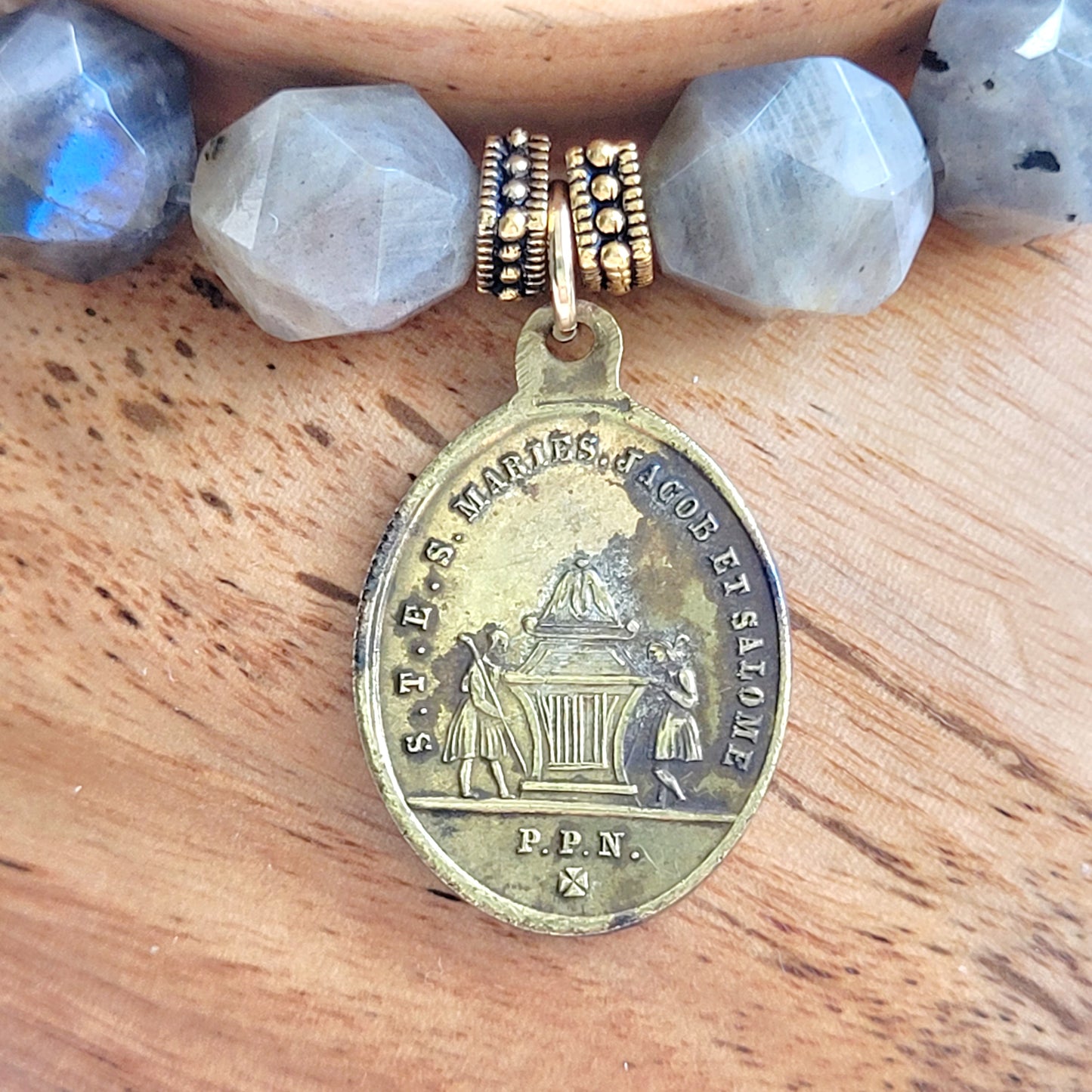 Labradorite Star Cut Faceted 8mm Beaded Bracelet w/ Vintage Bronze Medal of St. John Baptist de La Salle from France