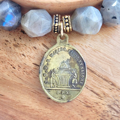 Labradorite Star Cut Faceted 8mm Beaded Bracelet w/ Vintage Bronze Medal of St. John Baptist de La Salle from France