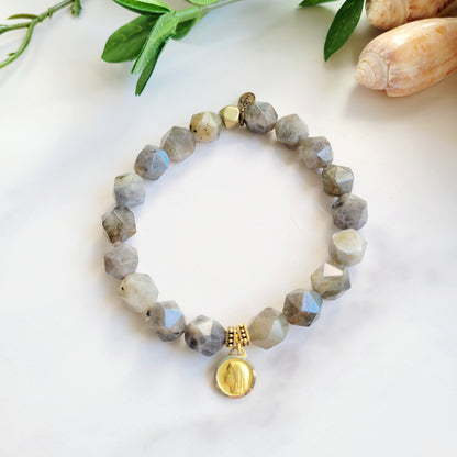 Labradorite Star Cut Faceted 8mm Beaded Bracelet w/ Vintage Gold Plated Medal of Our Lady of Lourdes