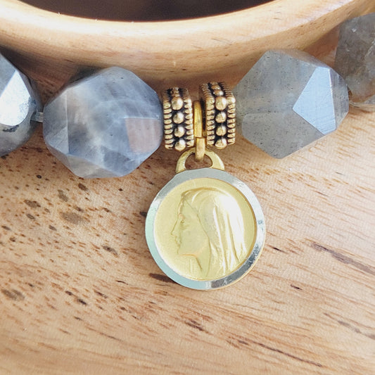 Labradorite Star Cut Faceted 8mm Beaded Bracelet w/ Vintage Gold Plated Medal of Our Lady of Lourdes
