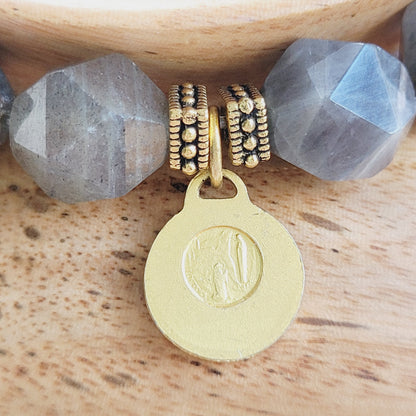 Labradorite Star Cut Faceted 8mm Beaded Bracelet w/ Vintage Gold Plated Medal of Our Lady of Lourdes