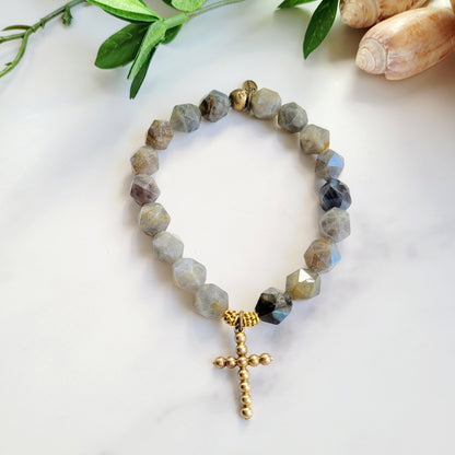 Labradorite Star Cut Faceted 8mm Beaded Bracelet w/ Bronze Vintage Cross