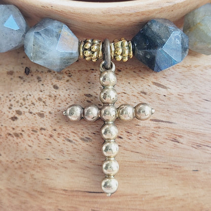 Labradorite Star Cut Faceted 8mm Beaded Bracelet w/ Bronze Vintage Cross