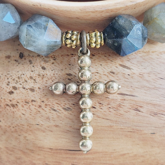Labradorite Star Cut Faceted 8mm Beaded Bracelet w/ Bronze Vintage Cross