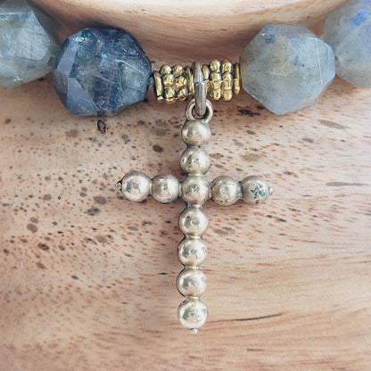 Labradorite Star Cut Faceted 8mm Beaded Bracelet w/ Bronze Vintage Cross