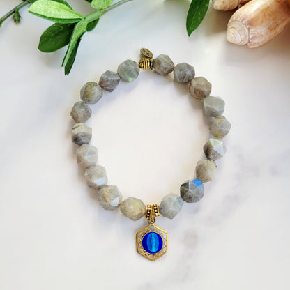 Labradorite Star Cut Faceted 8mm Beaded Bracelet w/ Vintage Gold-Plated Blue Enameled Medal of St. Michael the Archangel from France