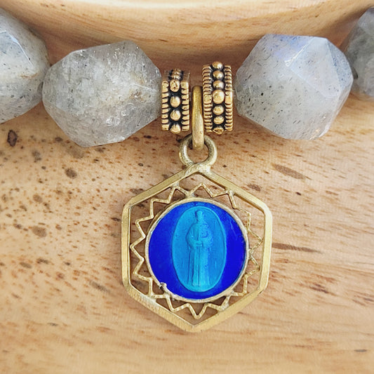 Labradorite Star Cut Faceted 8mm Beaded Bracelet w/ Vintage Gold-Plated Blue Enameled Medal of St. Michael the Archangel from France