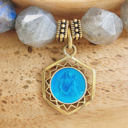 Labradorite Star Cut Faceted 8mm Beaded Bracelet w/ Vintage Gold-Plated Blue Enameled Medal of St. Michael the Archangel from France