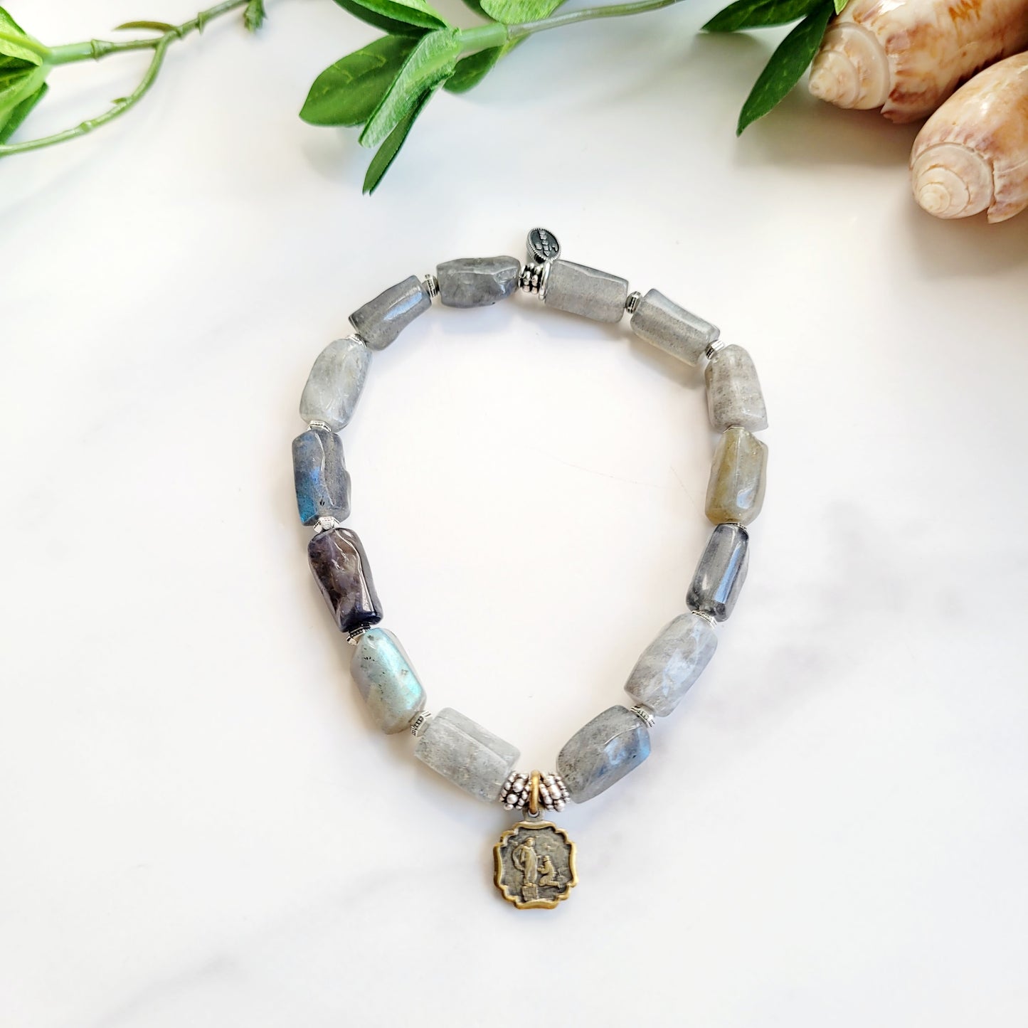 Labradorite Tubular Faceted 8mm Beaded Bracelet w/ Antique Bronze Medal of Our Lady of Montallegro from Italy