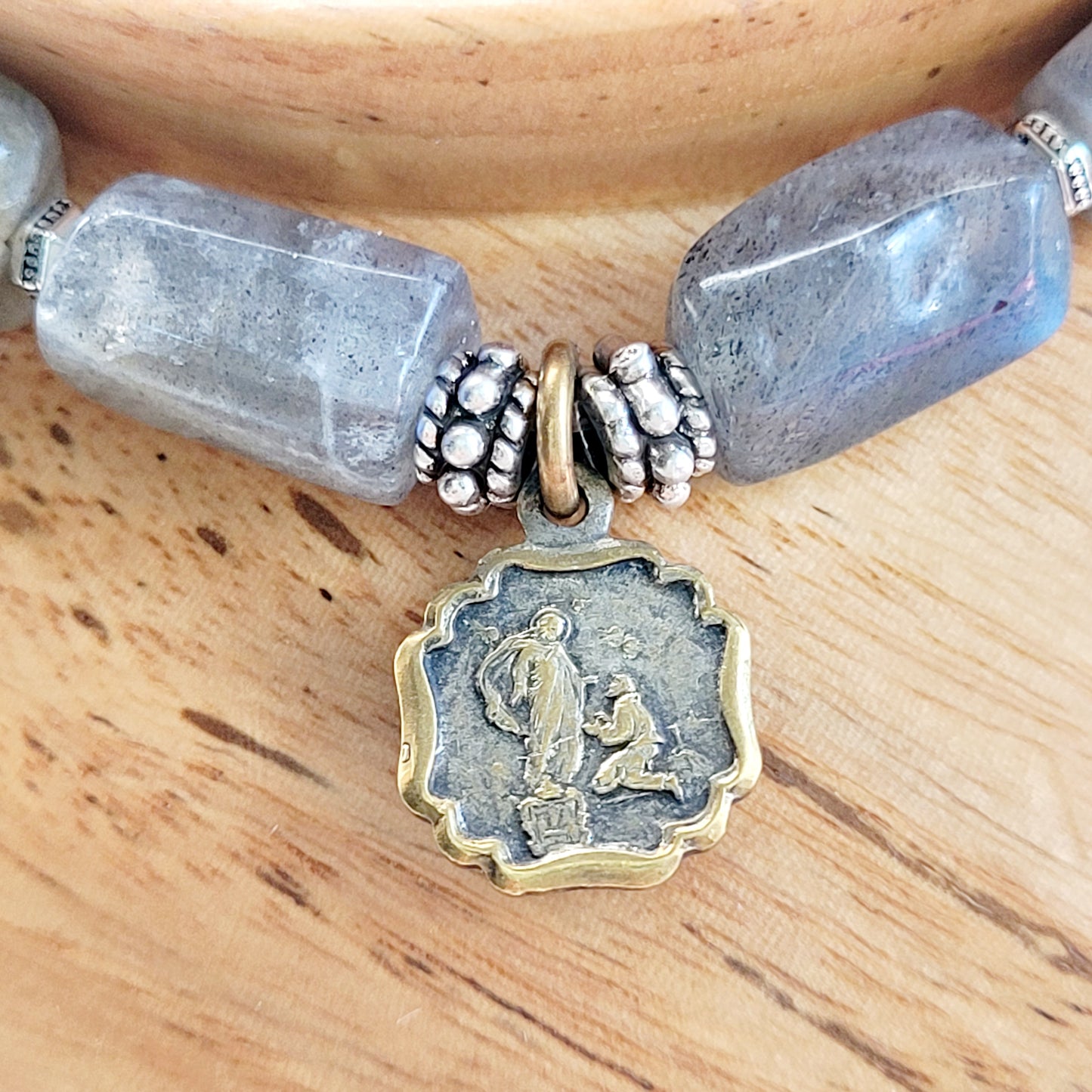 Labradorite Tubular Faceted 8mm Beaded Bracelet w/ Antique Bronze Medal of Our Lady of Montallegro from Italy