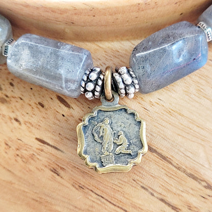 Labradorite Tubular Faceted 8mm Beaded Bracelet w/ Antique Bronze Medal of Our Lady of Montallegro from Italy