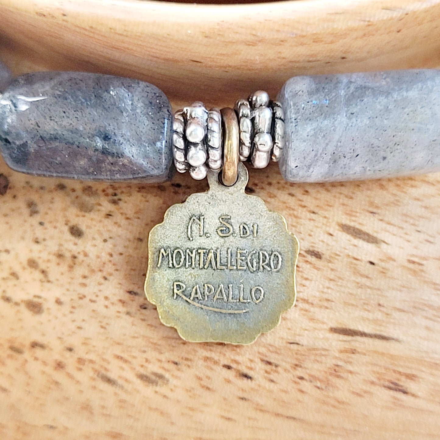 Labradorite Tubular Faceted 8mm Beaded Bracelet w/ Antique Bronze Medal of Our Lady of Montallegro from Italy