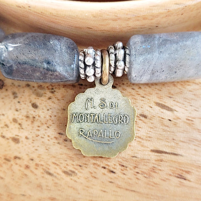 Labradorite Tubular Faceted 8mm Beaded Bracelet w/ Antique Bronze Medal of Our Lady of Montallegro from Italy