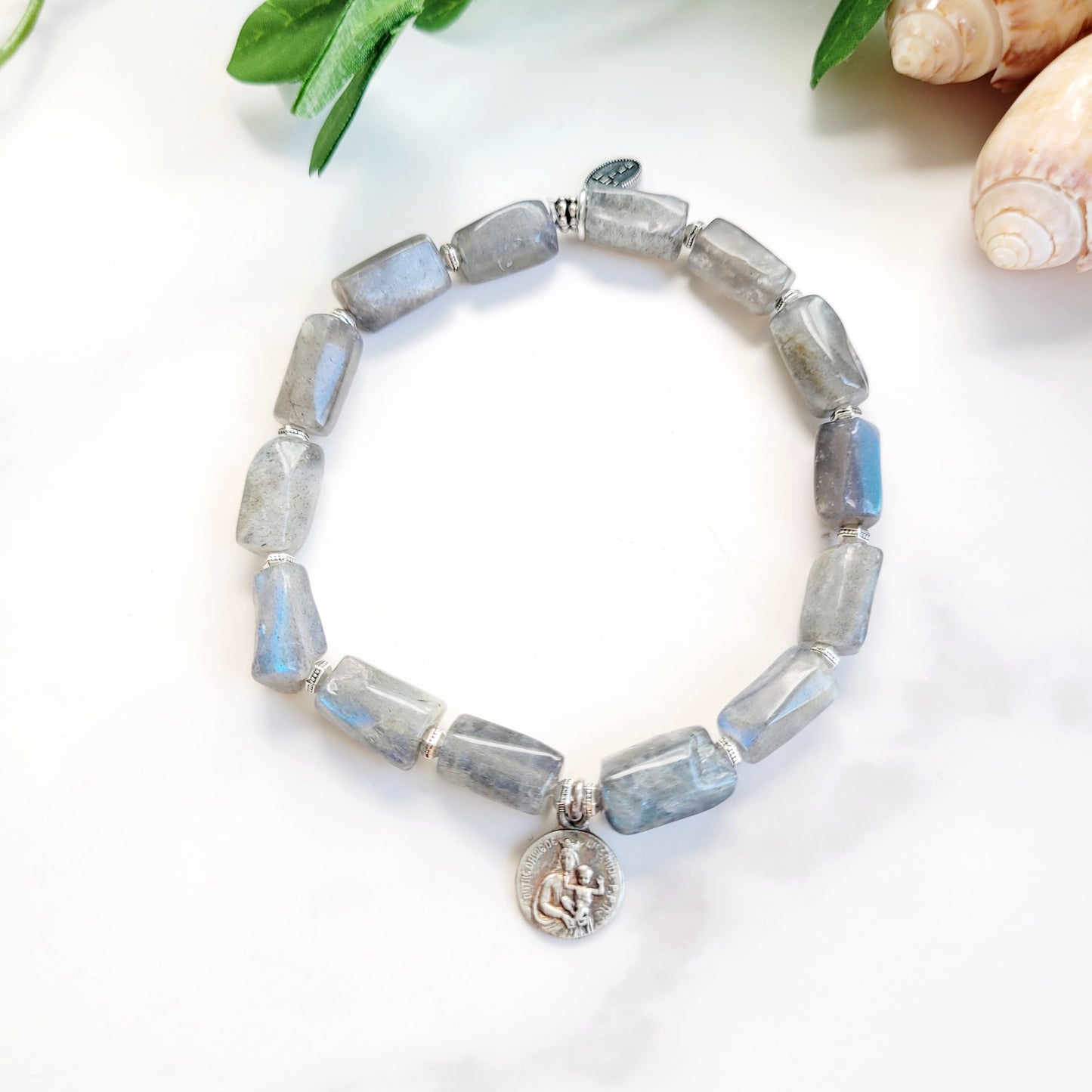 Labradorite Tubular Faceted 8mm Beaded Bracelet w/ Vintage Silver Plated Medal of Notre Dame de la Garde from France