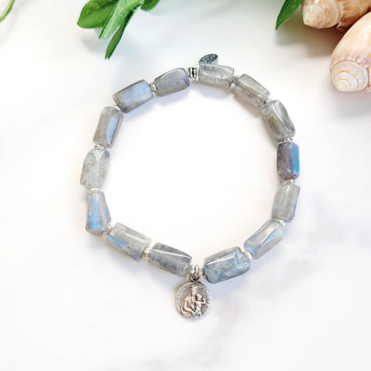Labradorite Tubular Faceted 8mm Beaded Bracelet w/ Vintage Silver Plated Medal of Notre Dame de la Garde from France
