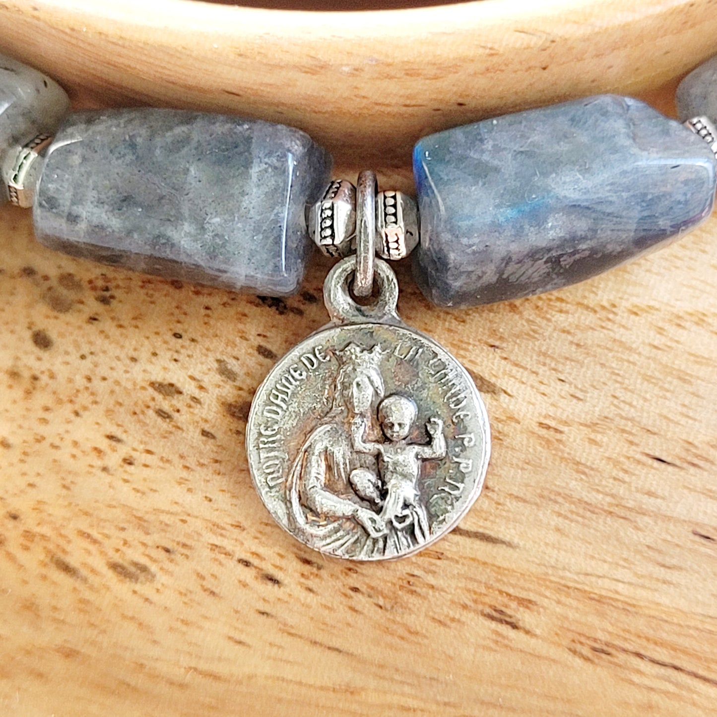 Labradorite Tubular Faceted 8mm Beaded Bracelet w/ Vintage Silver Plated Medal of Notre Dame de la Garde from France