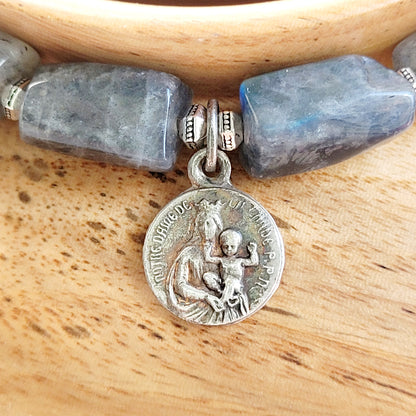 Labradorite Tubular Faceted 8mm Beaded Bracelet w/ Vintage Silver Plated Medal of Notre Dame de la Garde from France