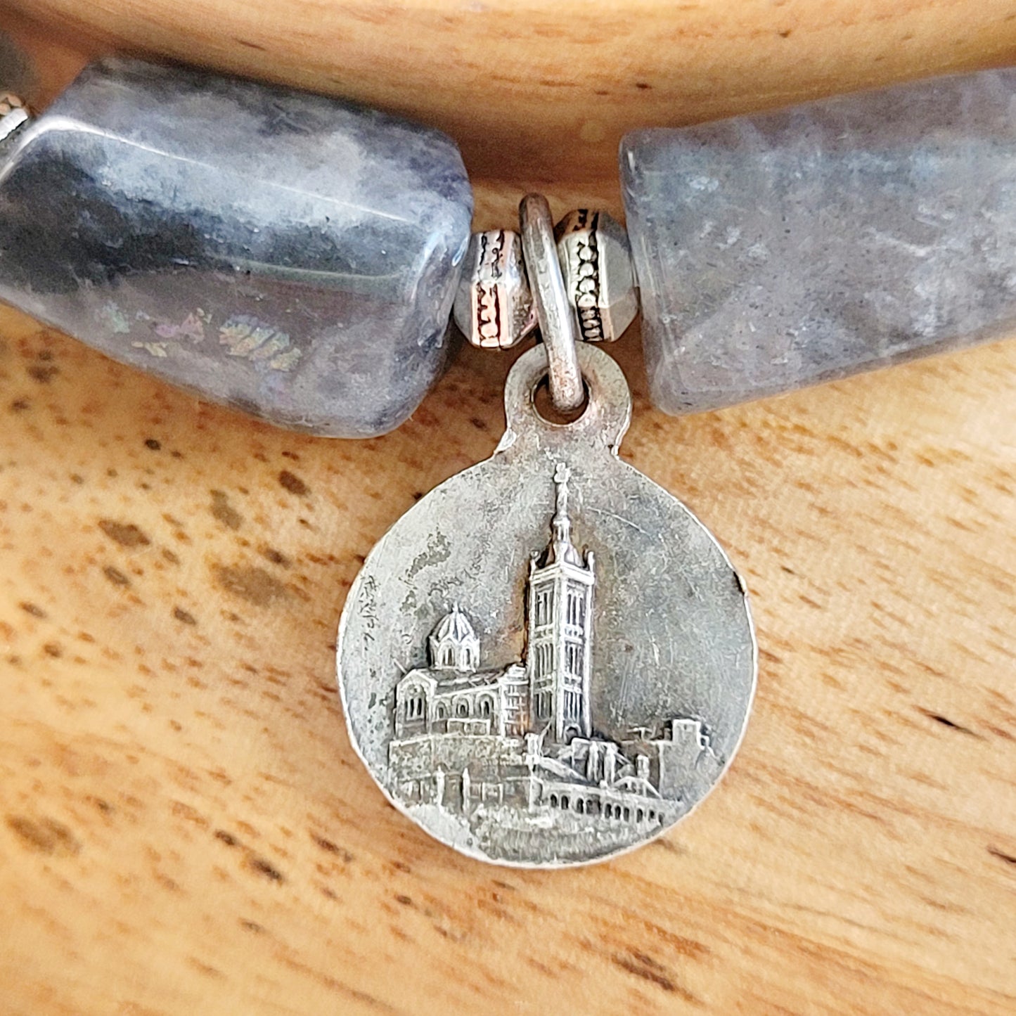 Labradorite Tubular Faceted 8mm Beaded Bracelet w/ Vintage Silver Plated Medal of Notre Dame de la Garde from France