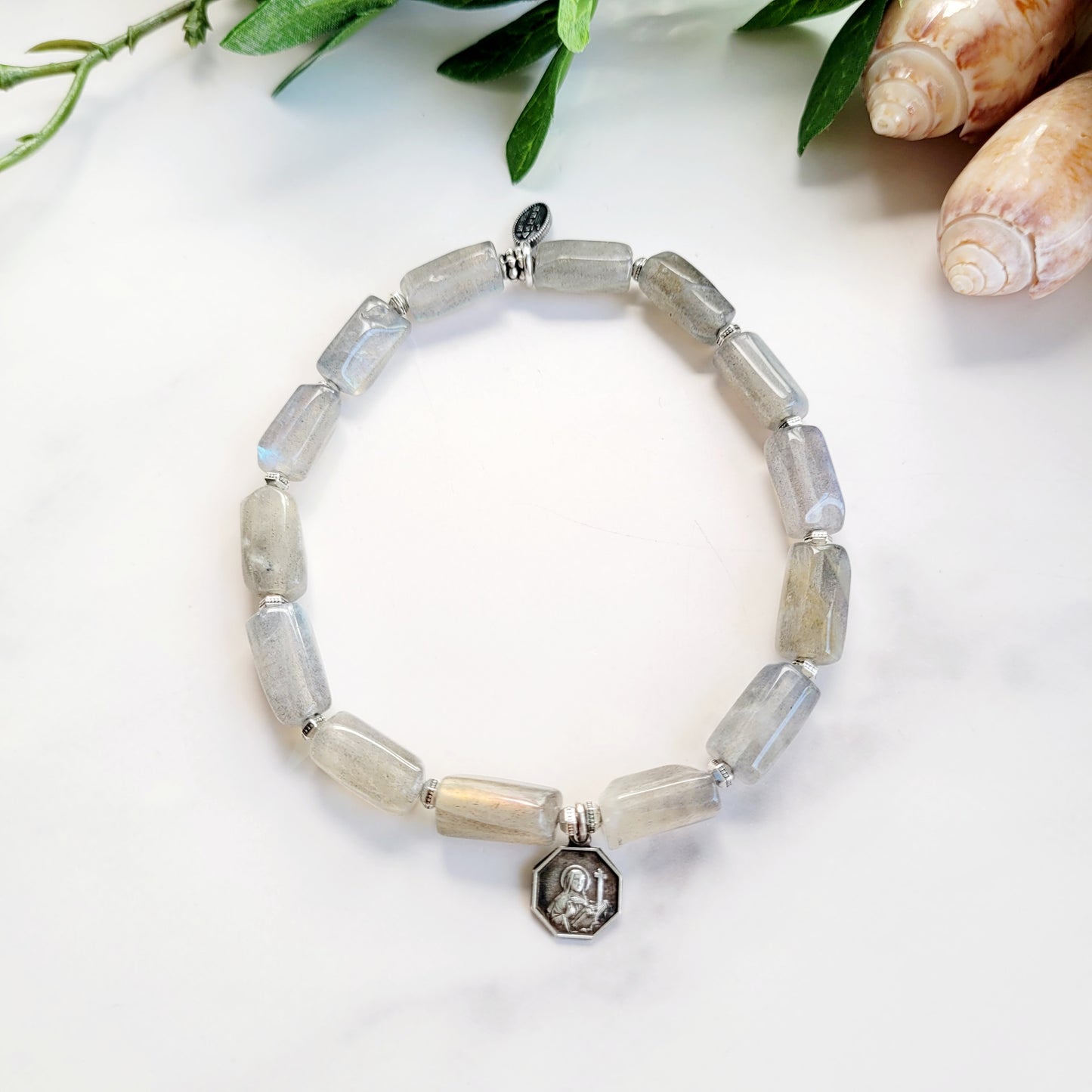 Labradorite Tubular Faceted 8mm Beaded Bracelet w/Vintage Silver Plate Medal of St. Therese of Lisieux from France