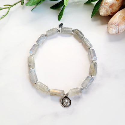 Labradorite Tubular Faceted 8mm Beaded Bracelet w/Vintage Silver Plate Medal of St. Therese of Lisieux from France