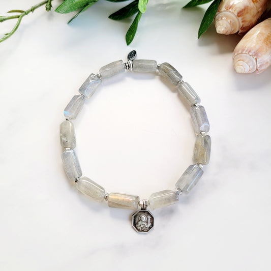 Labradorite Tubular Faceted 8mm Beaded Bracelet w/Vintage Silver Plate Medal of St. Therese of Lisieux from France
