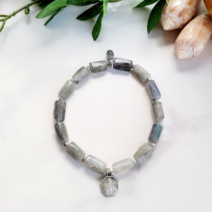 Labradorite Tubular Faceted 8mm Beaded Bracelet w/ Silver Plated Deeply Embossed Sacred Heart of Jesus Medal