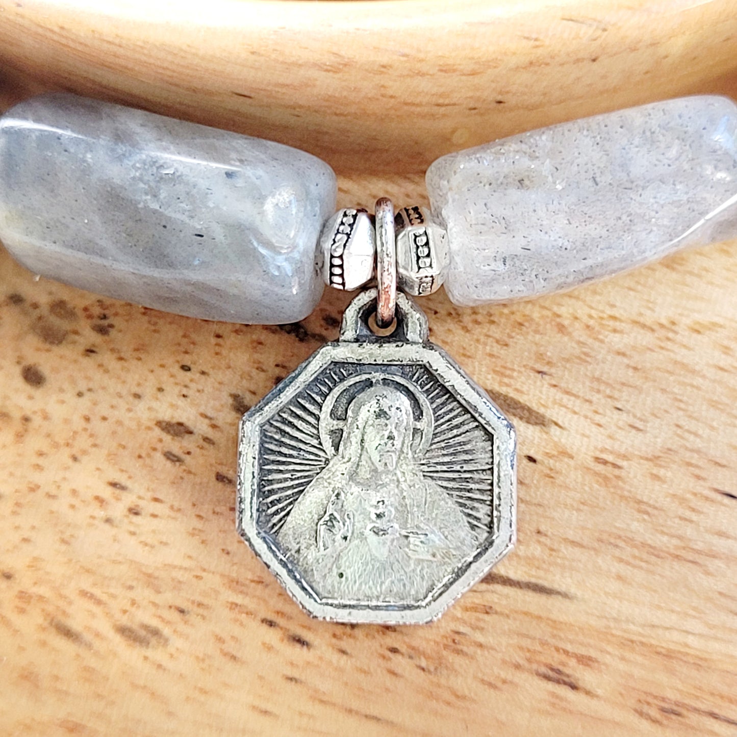 Labradorite Tubular Faceted 8mm Beaded Bracelet w/ Silver Plated Deeply Embossed Sacred Heart of Jesus Medal