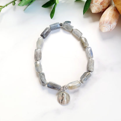 Labradorite Tubular Faceted 8mm Beaded Bracelet w/ Vintage Small Medal of St. Bernadette from France