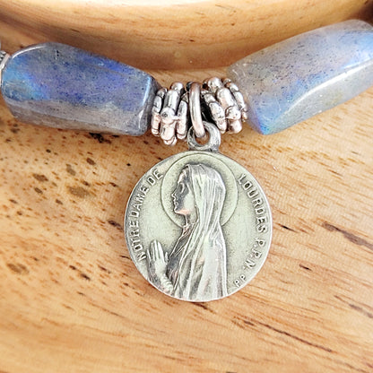 Labradorite Tubular Faceted 8mm Beaded Bracelet w/ Vintage Small Medal of St. Bernadette from France