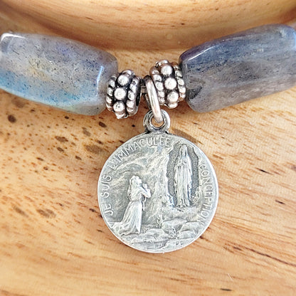 Labradorite Tubular Faceted 8mm Beaded Bracelet w/ Vintage Small Medal of St. Bernadette from France